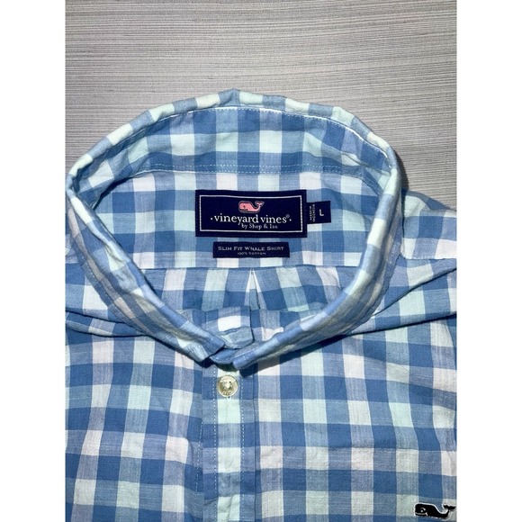 Vineyard Vines Slim Fit Whale Shirt Blue Check Long Sleeve Button Up Size Large - Picture 4 of 8